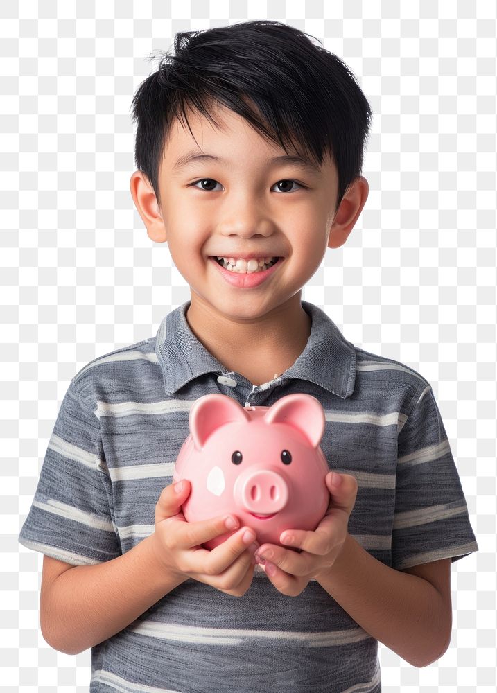 PNG Thai boy holding piggy bank child white background investment.