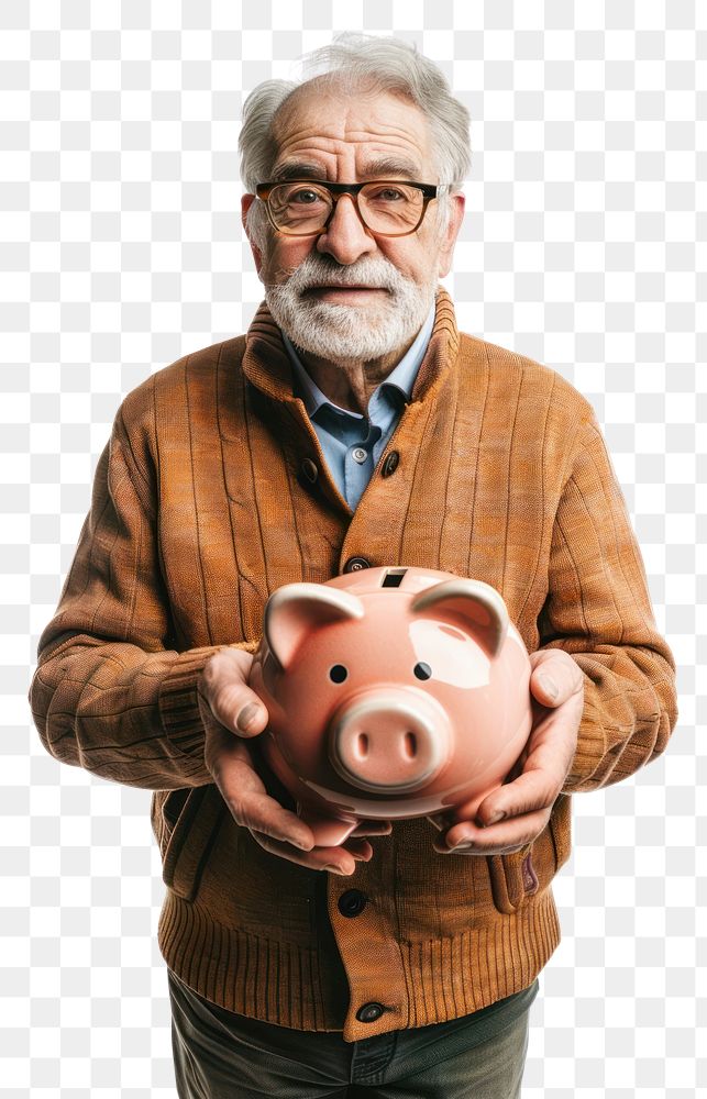 PNG Senior man holding piggy bank adult photo white background.