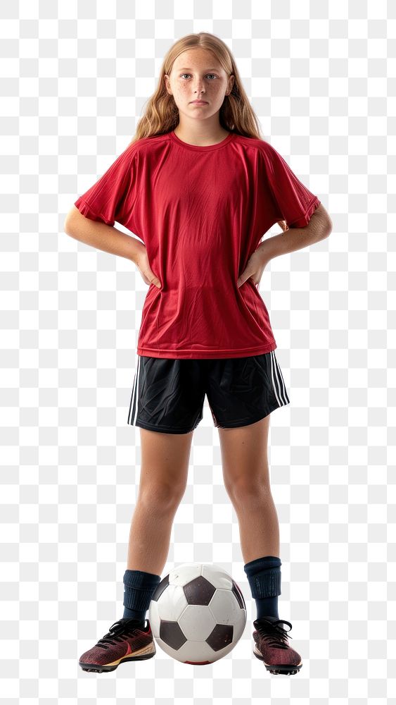 PNG Portrait of young female soccer player with soccer ball standing football footwear portrait.