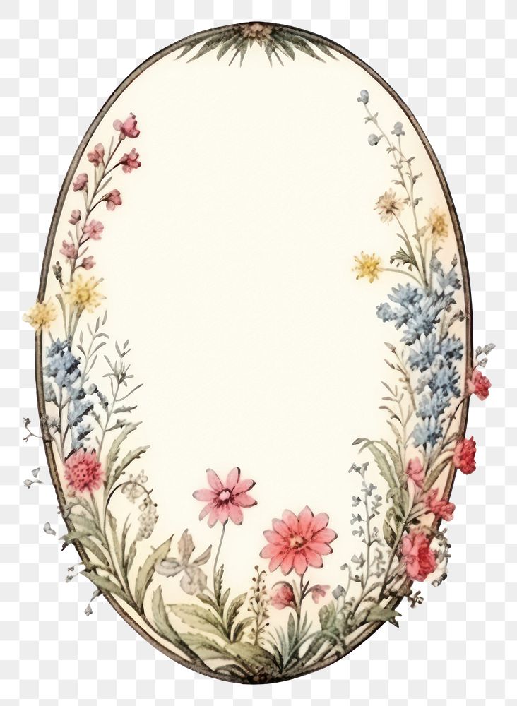 PNG Vintage frame wildflower pattern oval white background.