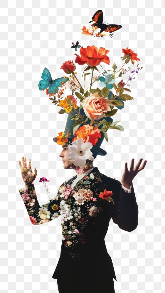 PNG Flower Collage person performing magic tricks flower pattern adult.