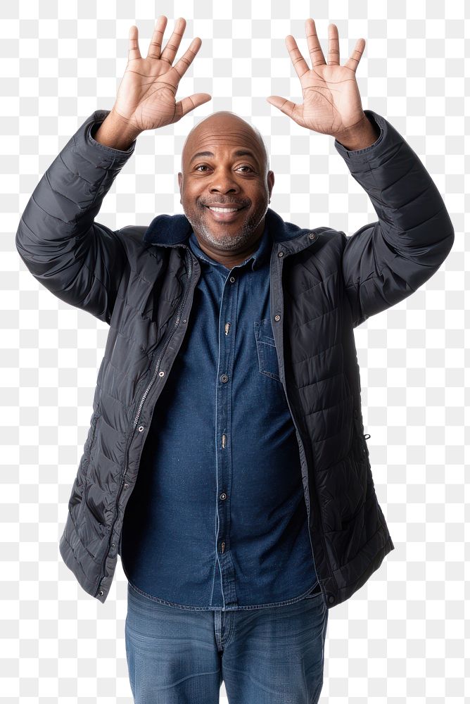 PNG Black middle age man raising hands portrait sleeve jacket.
