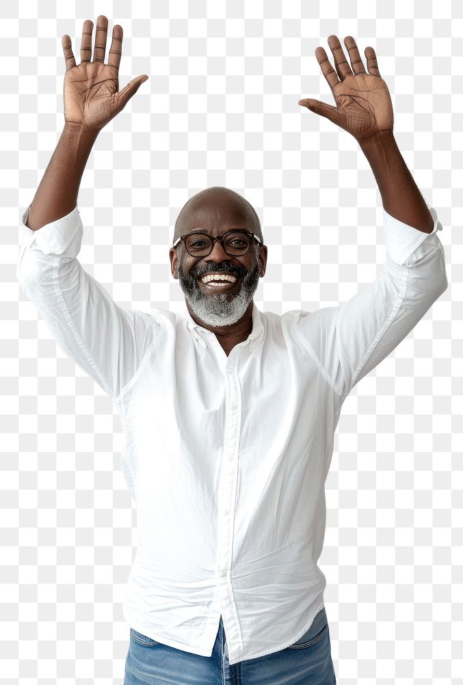 PNG Black middle age man raising hands glasses adult accessories.