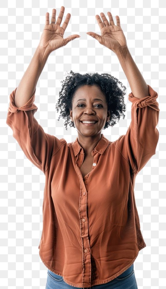 PNG Black middle age woman raising hands sleeve smile adult.