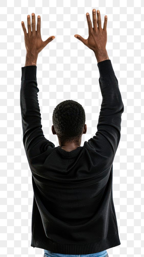 PNG Maxican young adult man raising hands triumphant gesturing standing.