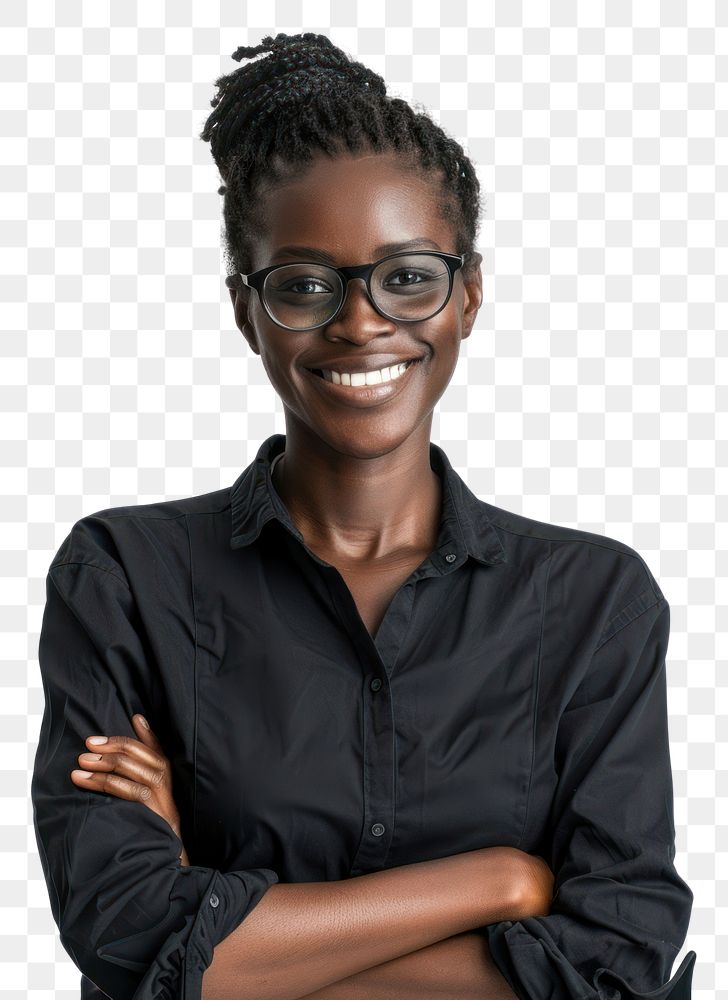 PNG Black teacher happy portrait glasses smile.