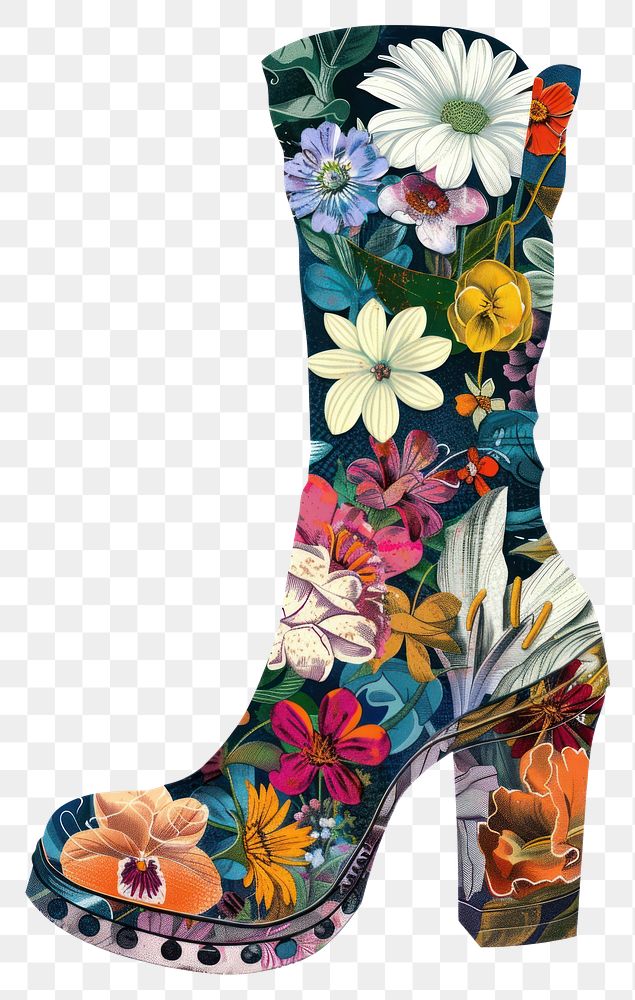 PNG  Flower Collage Boots pattern boot clothing.