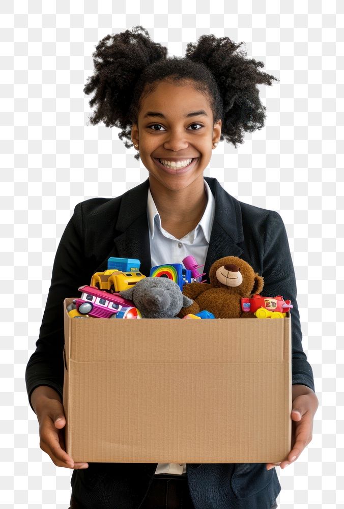 PNG Businesswoman holding donation box photo happy toy.