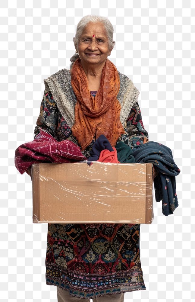 PNG Woman holding donation box cardboard clothing apparel.