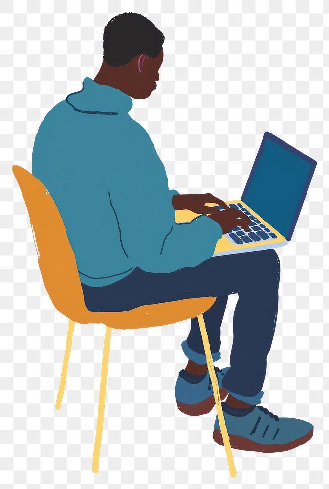 PNG  Black man working with laptop person electronics furniture.
