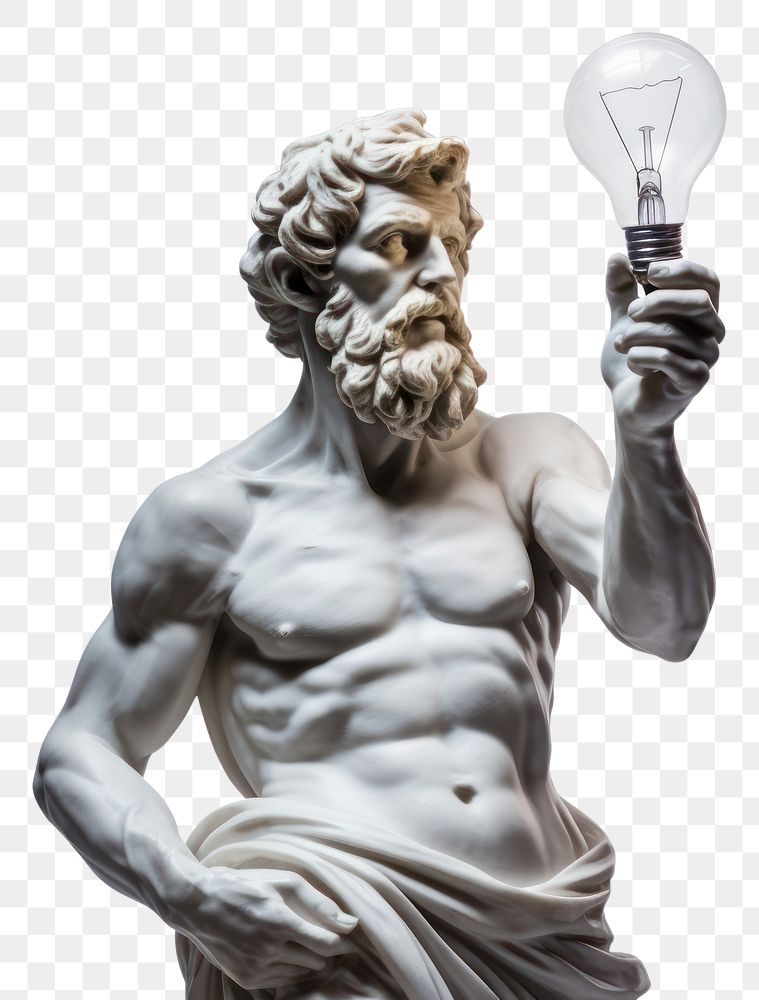 PNG  Greek sculpture holding light bulb statue lightbulb person.