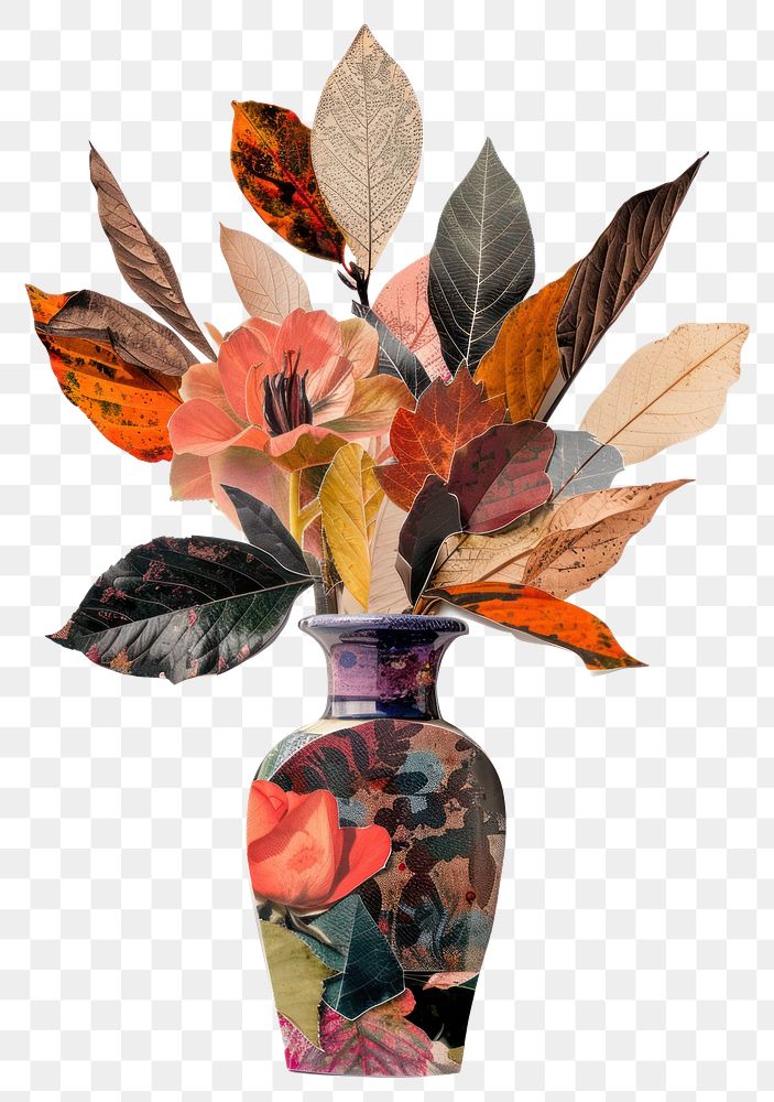 PNG Leaf vase collage cutouts pottery blossom flower.