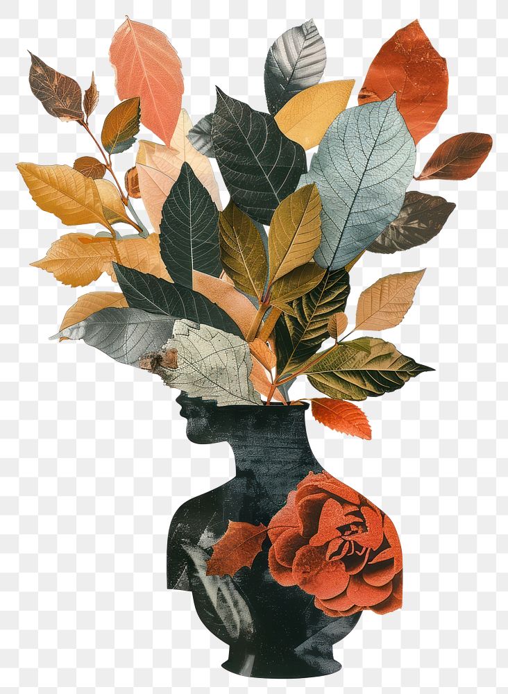 PNG Leaf vase collage cutouts blossom pottery flower.