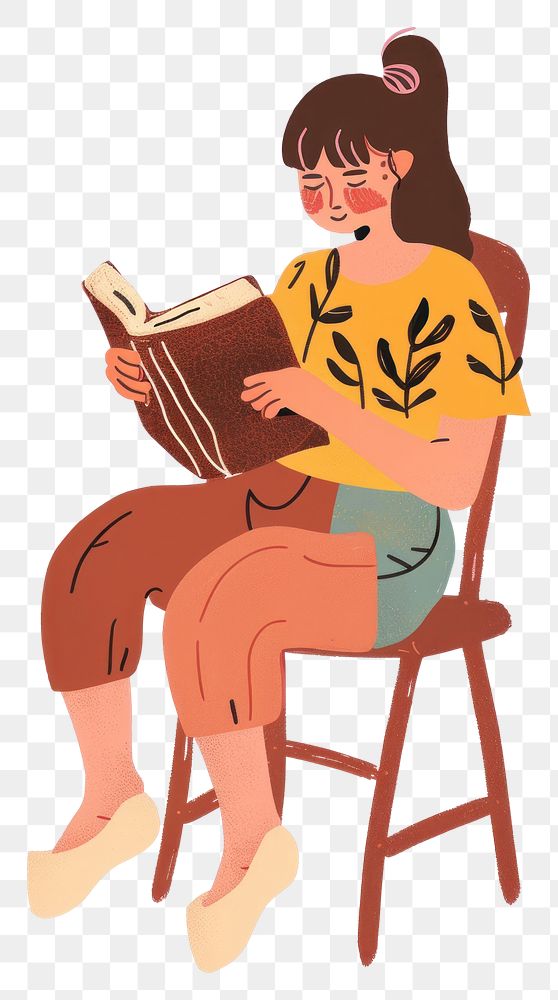 PNG  Girl reading book on chair person furniture sitting.