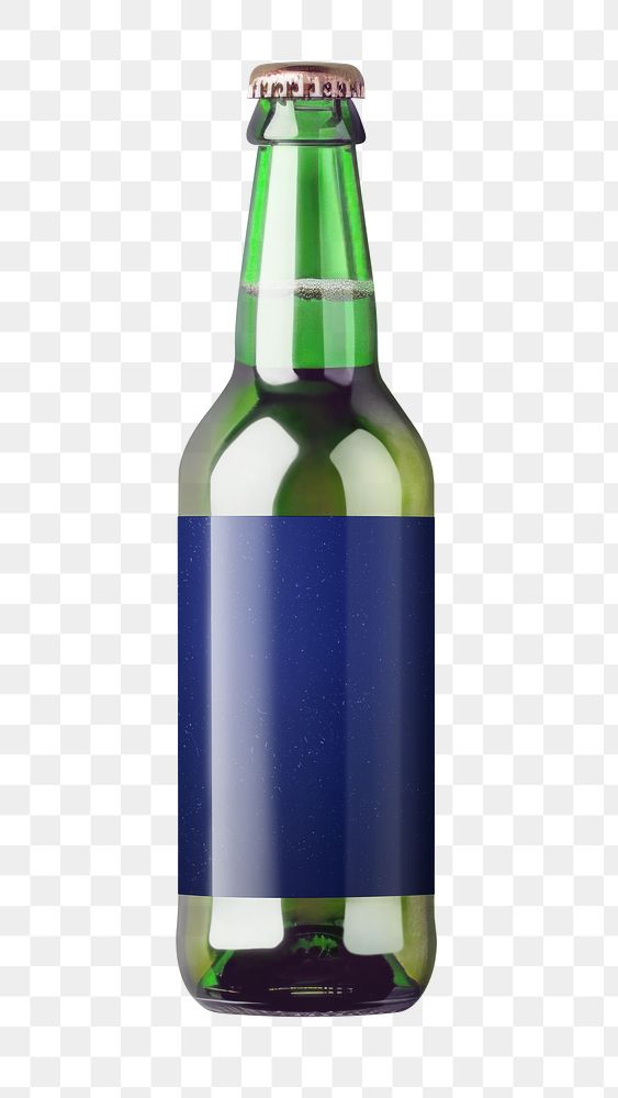 PNG Green glass bottle with blue label, transparent background