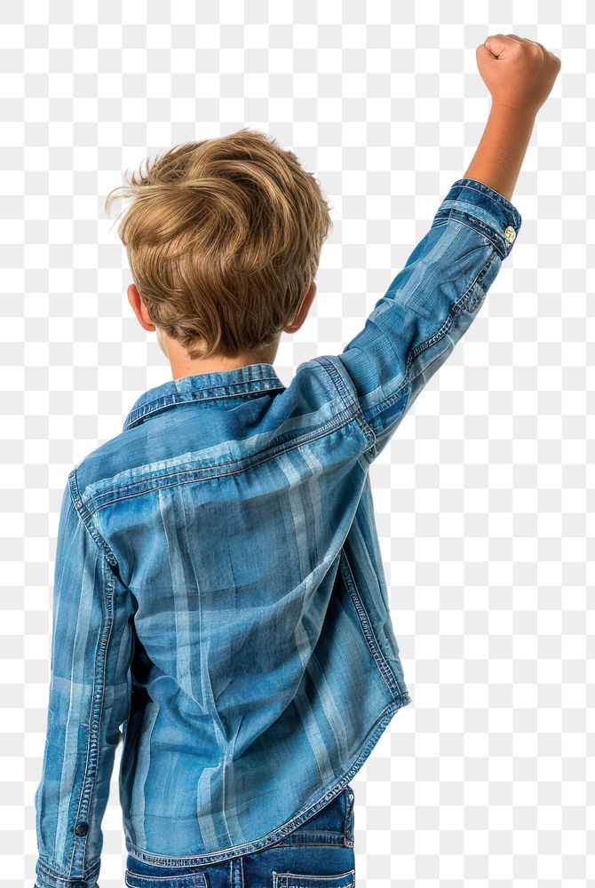 PNG Boy raising right arm jeans back white background.