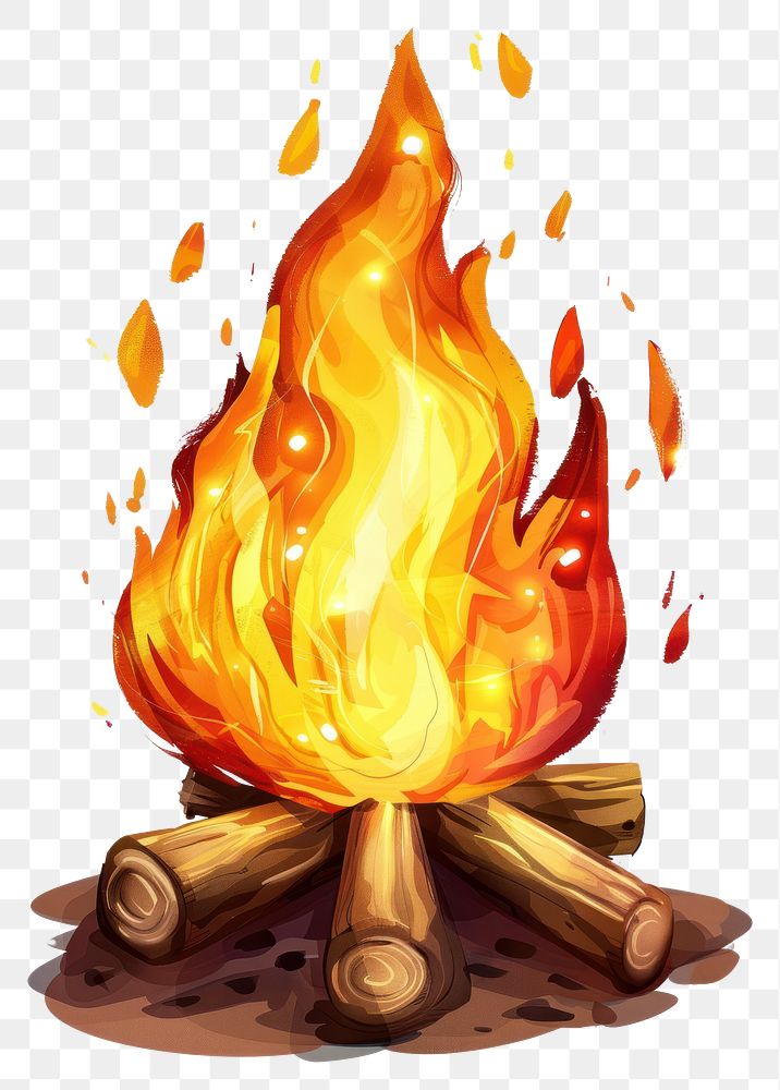 PNG Fire on wood bonfire cartoon explosion.