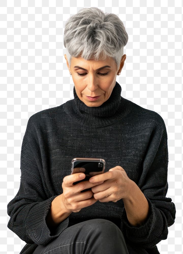 PNG Adult playing smartphone portrait sweater photo.