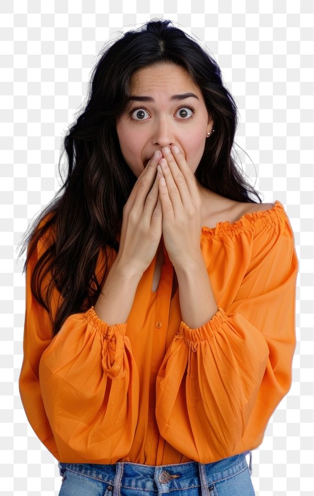 PNG Young shocked scared sad unhappy latin woman she wear orange blouse casual clothes cover mouth with hand frustration…