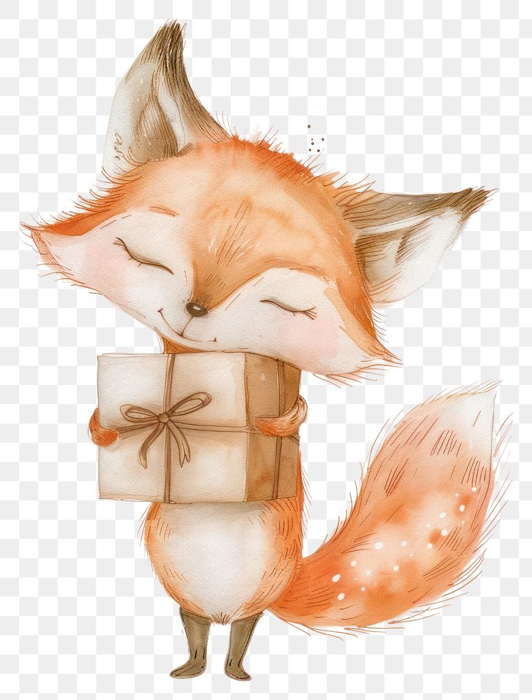 PNG Fox hugging gift box animal art painting.