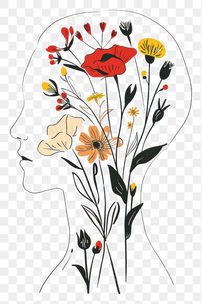 PNG Silhouette head with colorful flowers sketch painting drawing.