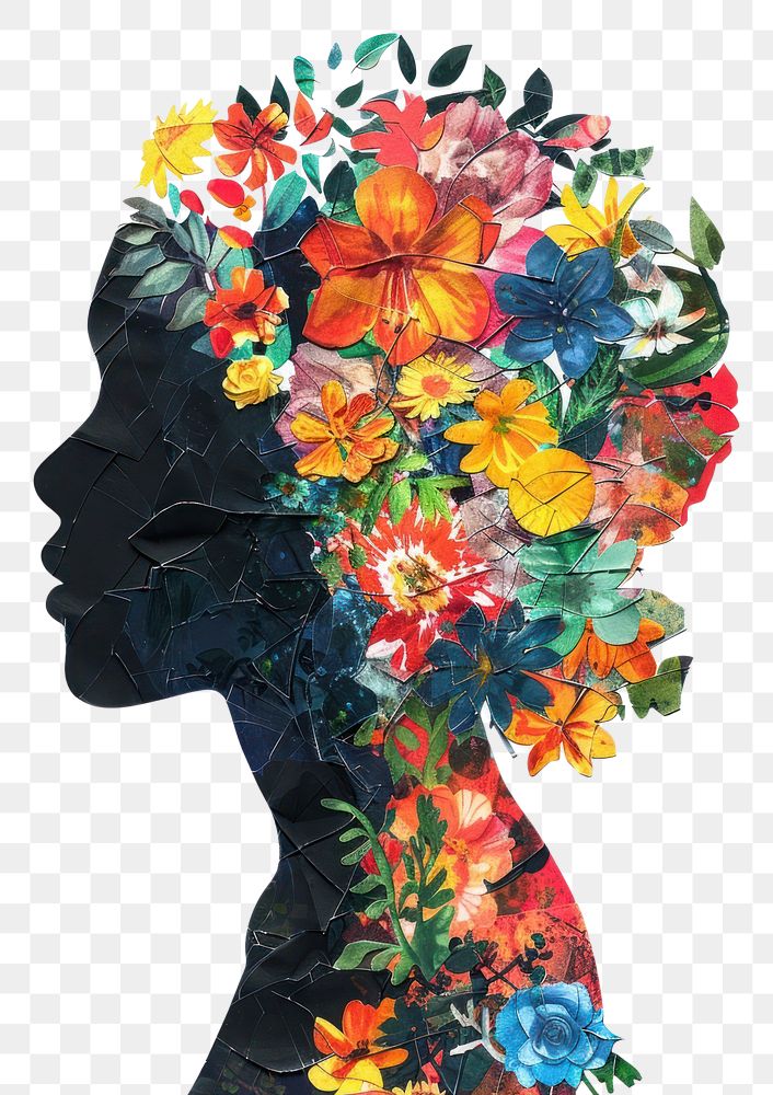 PNG Silhouette head with colorful flowers art plant creativity.