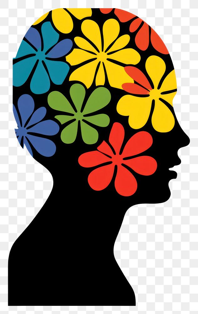 PNG Silhouette head with colorful flowers adult art creativity.