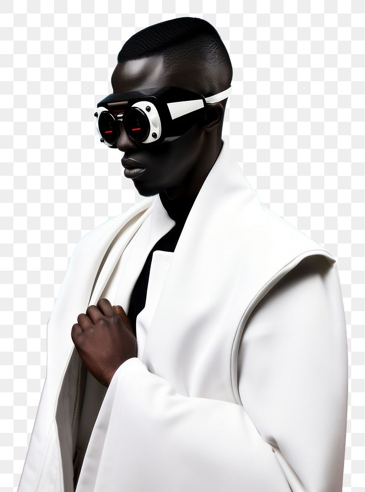 PNG  Fashion photography representing of futuristic cybernatic man accessories sunglasses