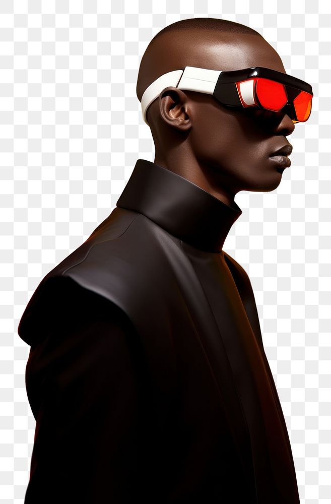 PNG  Fashion photography representing of futuristic cybernatic man accessories sunglasses.