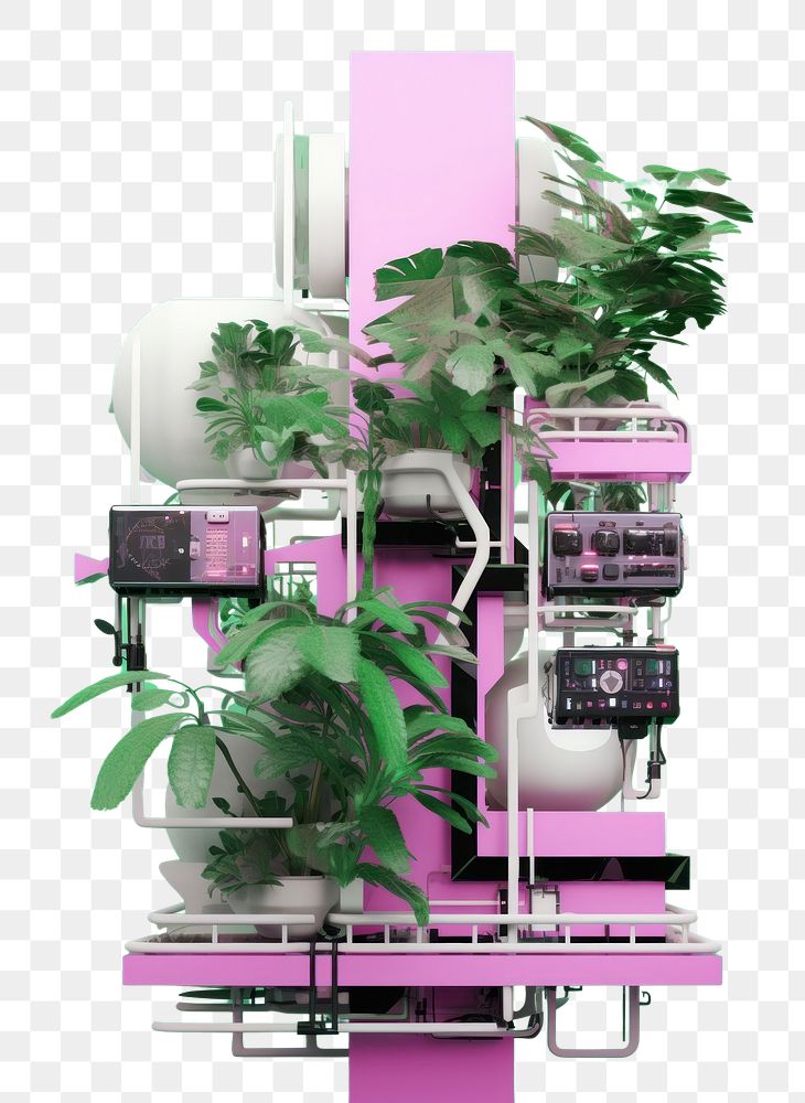 PNG  Flat lay photo of cyberpunk cargo plants architecture building hospital