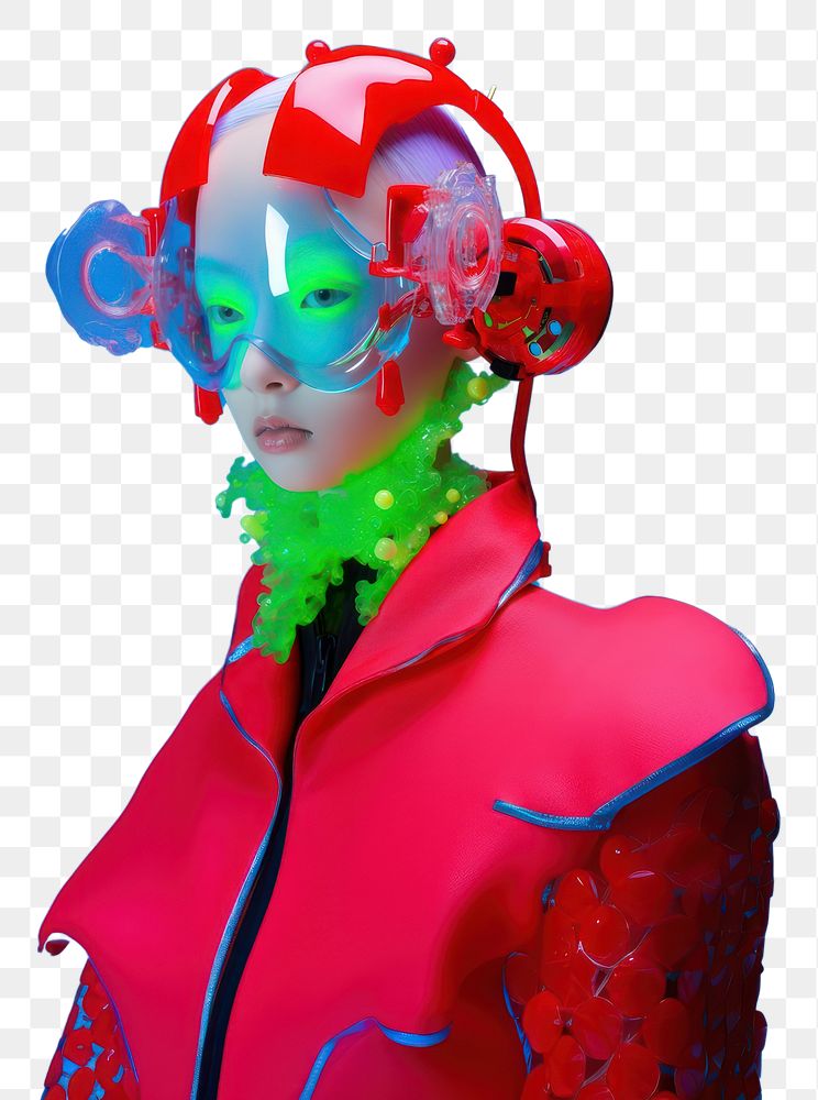 PNG  Fashion photography representing of futuristic cybernatic face performer portrait.