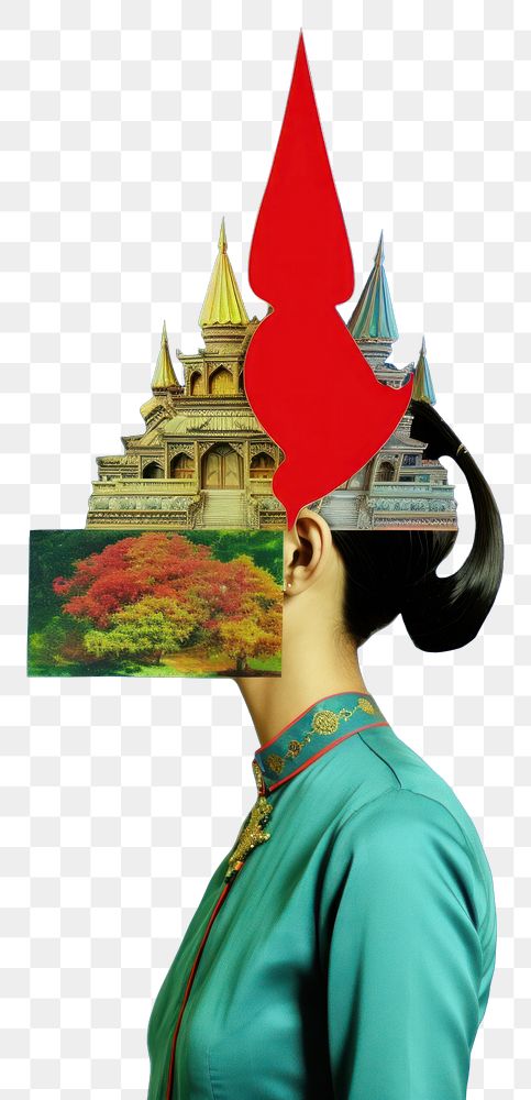PNG  Mixed media collage art represent of traditional thai cultural architecture building steeple.