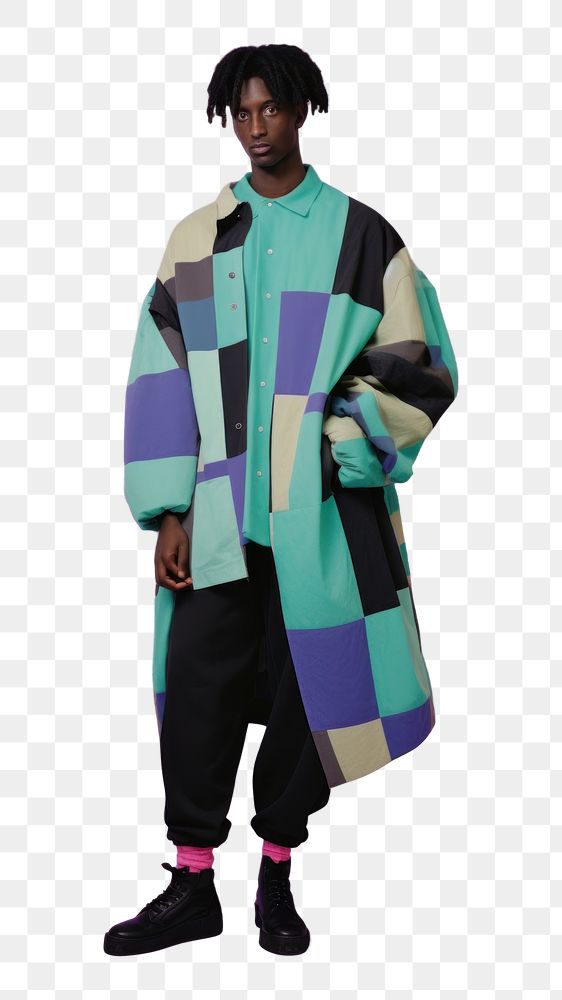 PNG Y2k fashion shoot of a black man overcoat adult outerwear.