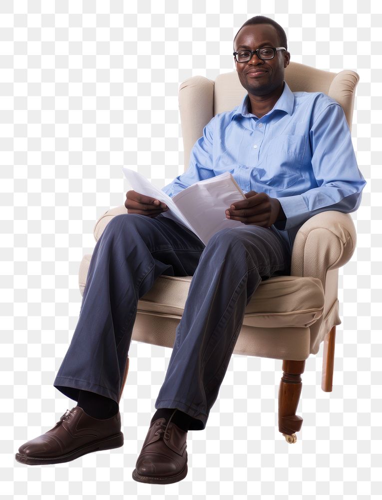 PNG  Smiling business man sitting reading chair.