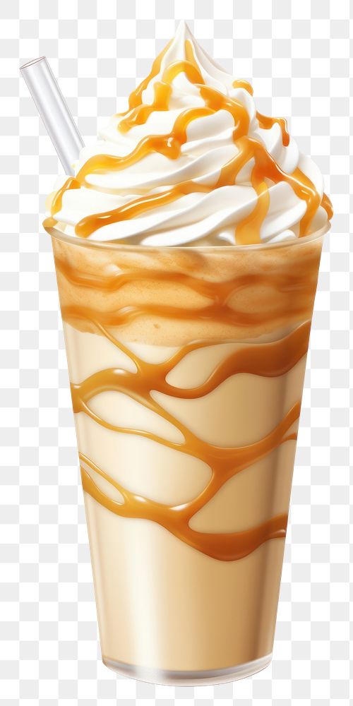 PNG Iced caramel latte topped with whipped cream and caramel sauce milkshake beverage smoothie.