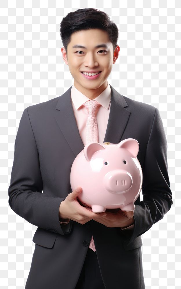 PNG Happy Asian businessman holding pink piggy bank accessories accessory clothing.