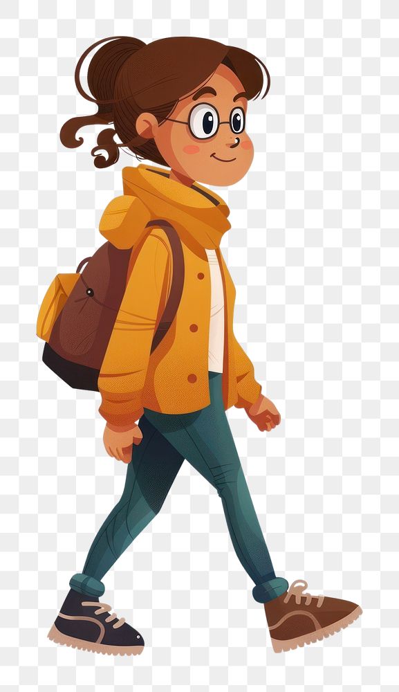 PNG Vector flat cartoon character female walking clothing backpack apparel.