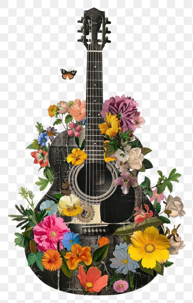 PNG Paper collage of guitar flower graphics blossom.
