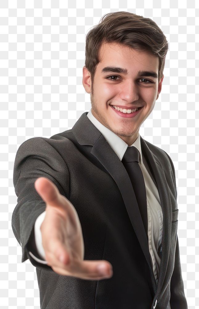 Young businessman open handshake smile portrait finger.