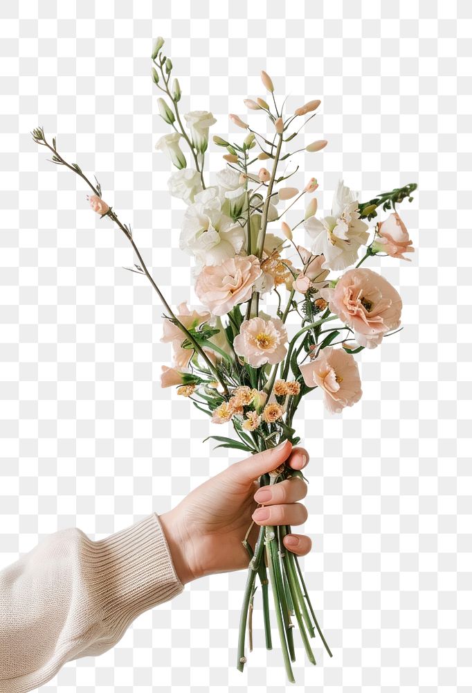 PNG Bouquet of flowers arrangement holding plant hand.