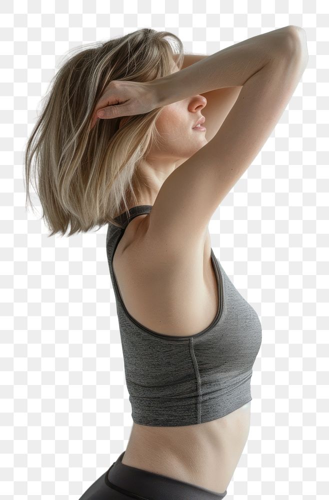 PNG A bob hair blonde caucasian woman stretching after yoga underwear clothing lingerie.