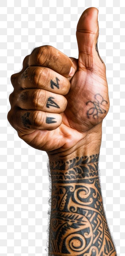 PNG Hand holding up with Maori tattoo giving a thumbs up finger person human.