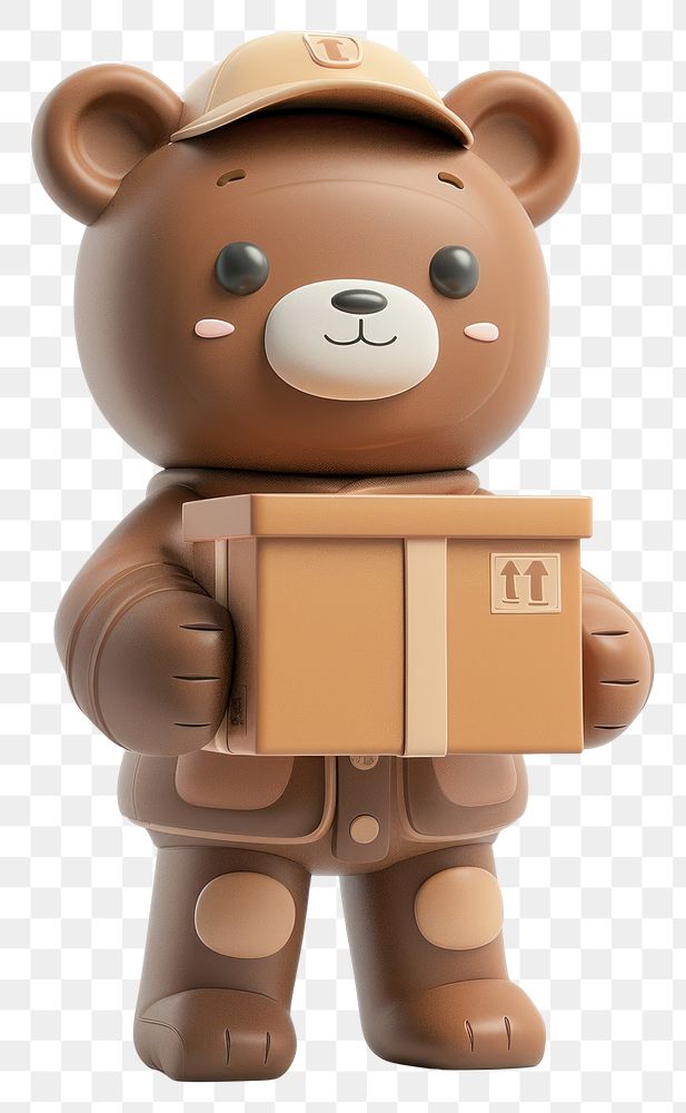 PNG Bear in delivery costume cardboard cute toy.