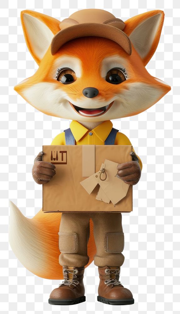 PNG Fox in delivery costume cardboard cute toy.