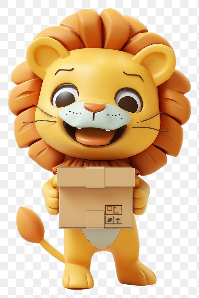 PNG Lion in delivery costume cardboard cute toy.