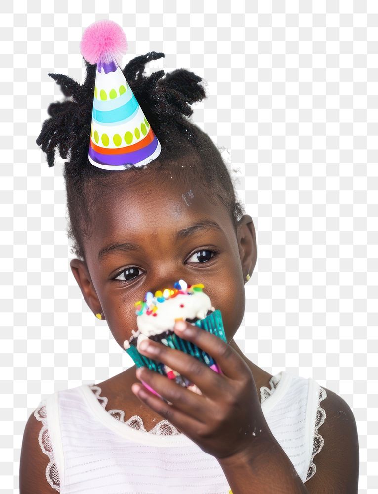 PNG African girl eatting cupcake portrait birthday child.