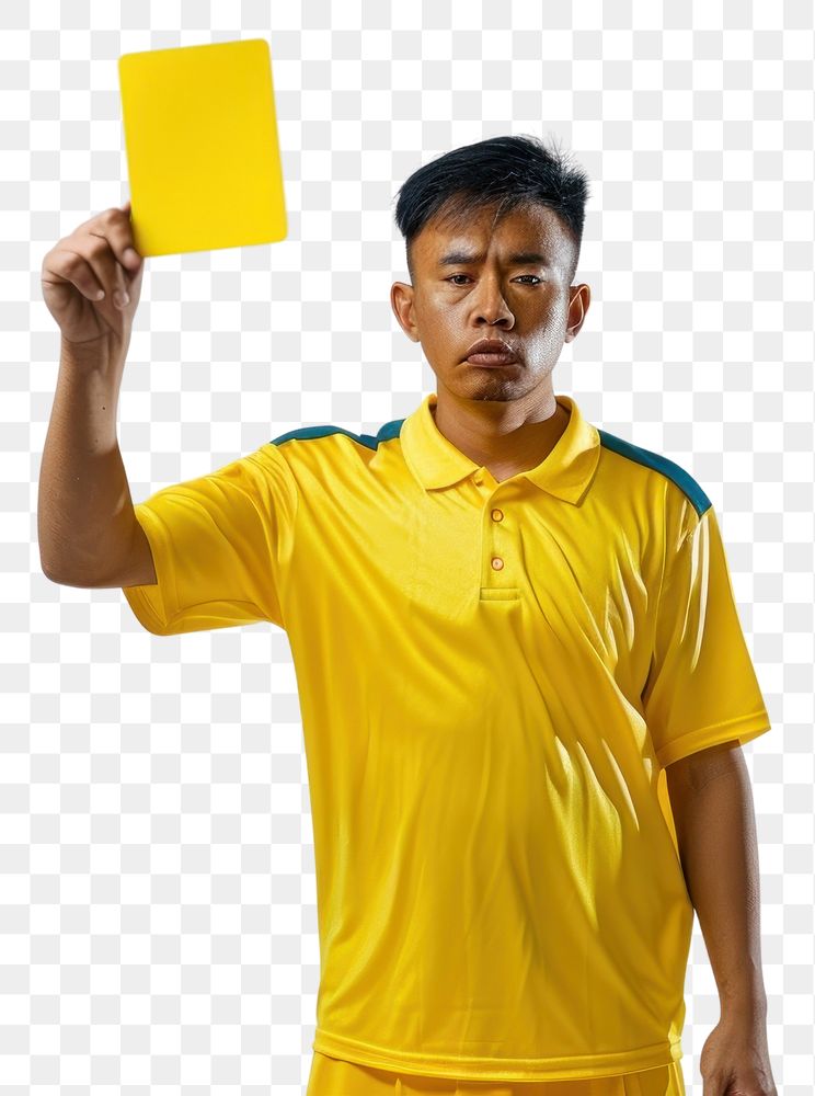 PNG Photo of a referee showing a yellow card while holding it adult white background competition.