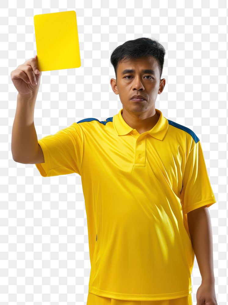 PNG Photo of a referee showing a yellow card while holding it upwards adult white background competition.