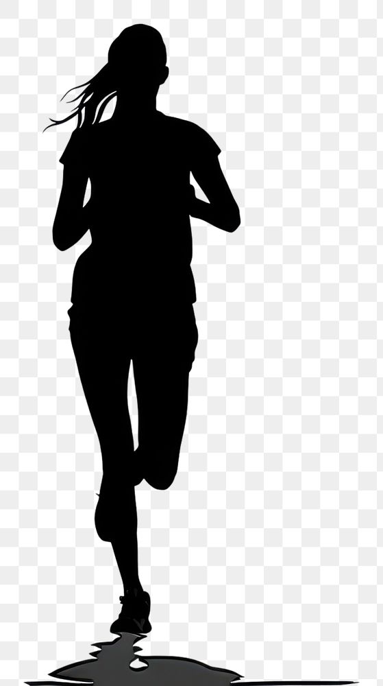 PNG Woman running silhouette clip art black white white background.