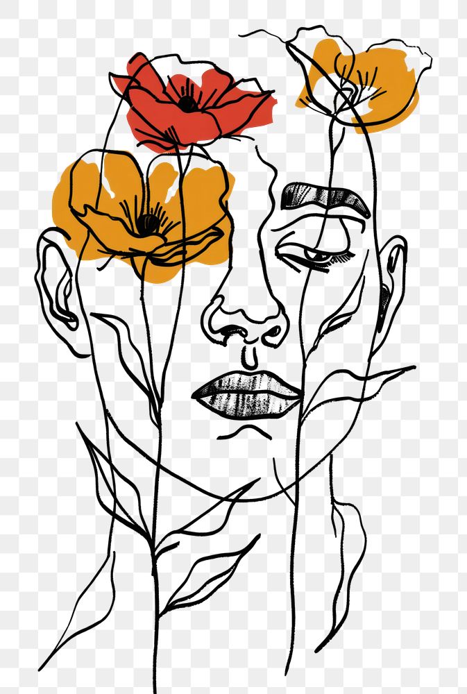 PNG Flowers clound on face drawing art sketch.